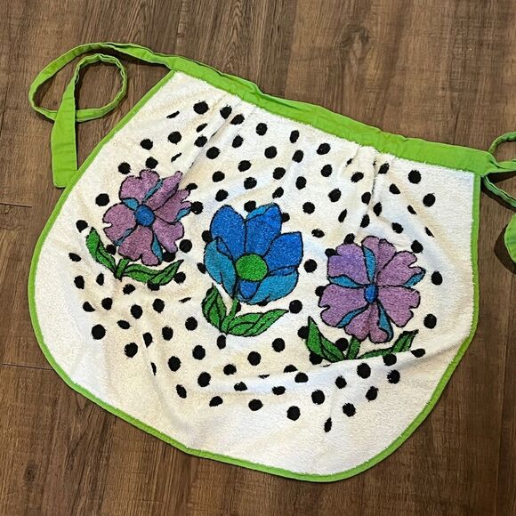 Vtg Mod 1970s Floral Terry Cloth Apron Flower Power Polka Dot Fieldcrest Groovy - Picture 1 of 5